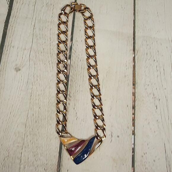 Geometric Statement Necklace Gold Tone with Colored Enamel - Picture 3 of 7